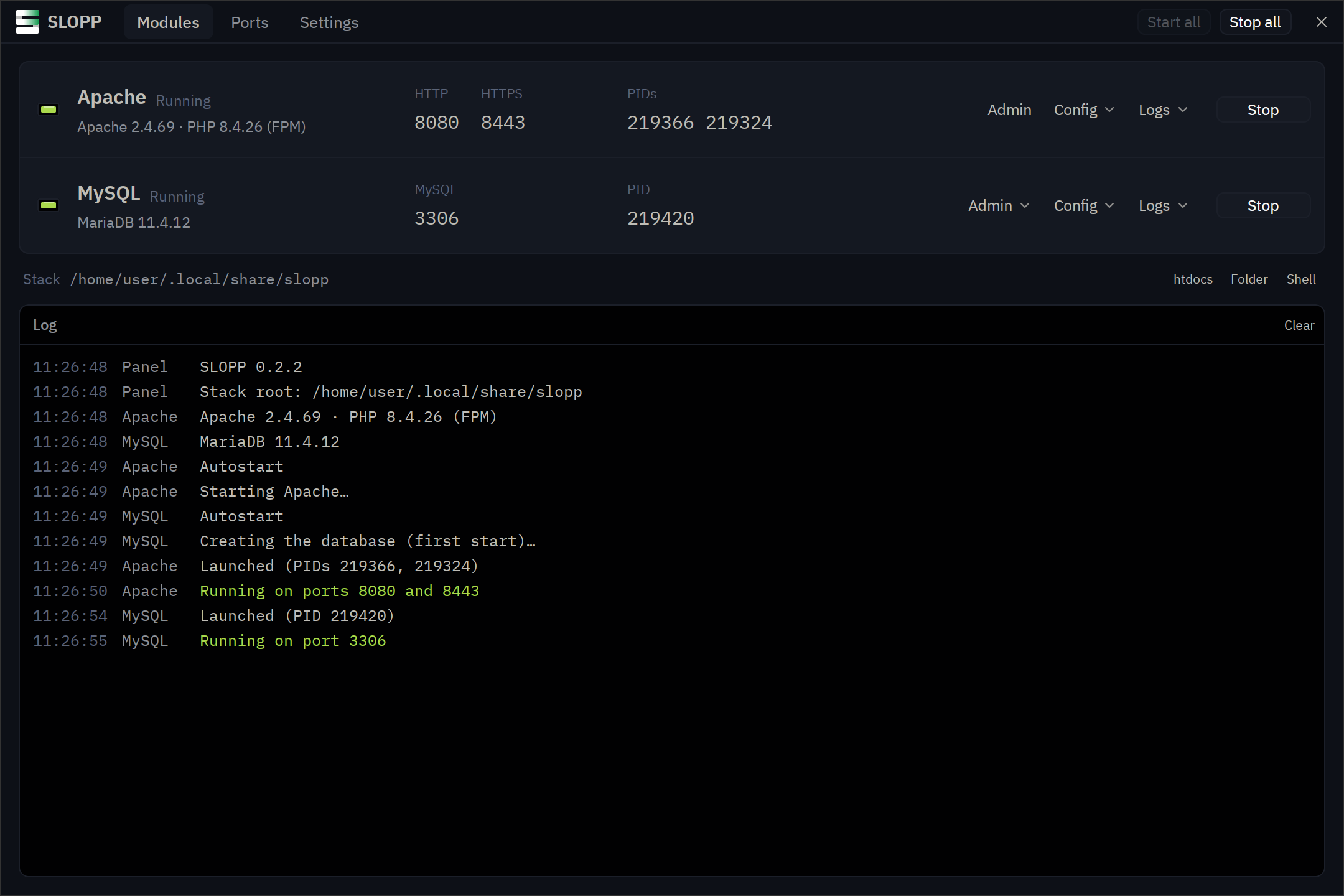 The SLOPP window in its dark appearance: Apache running on ports 8080 and 8443 with PHP 8.4 through PHP-FPM, MySQL running MariaDB on port 3306, the stack folder, and a log of the start.