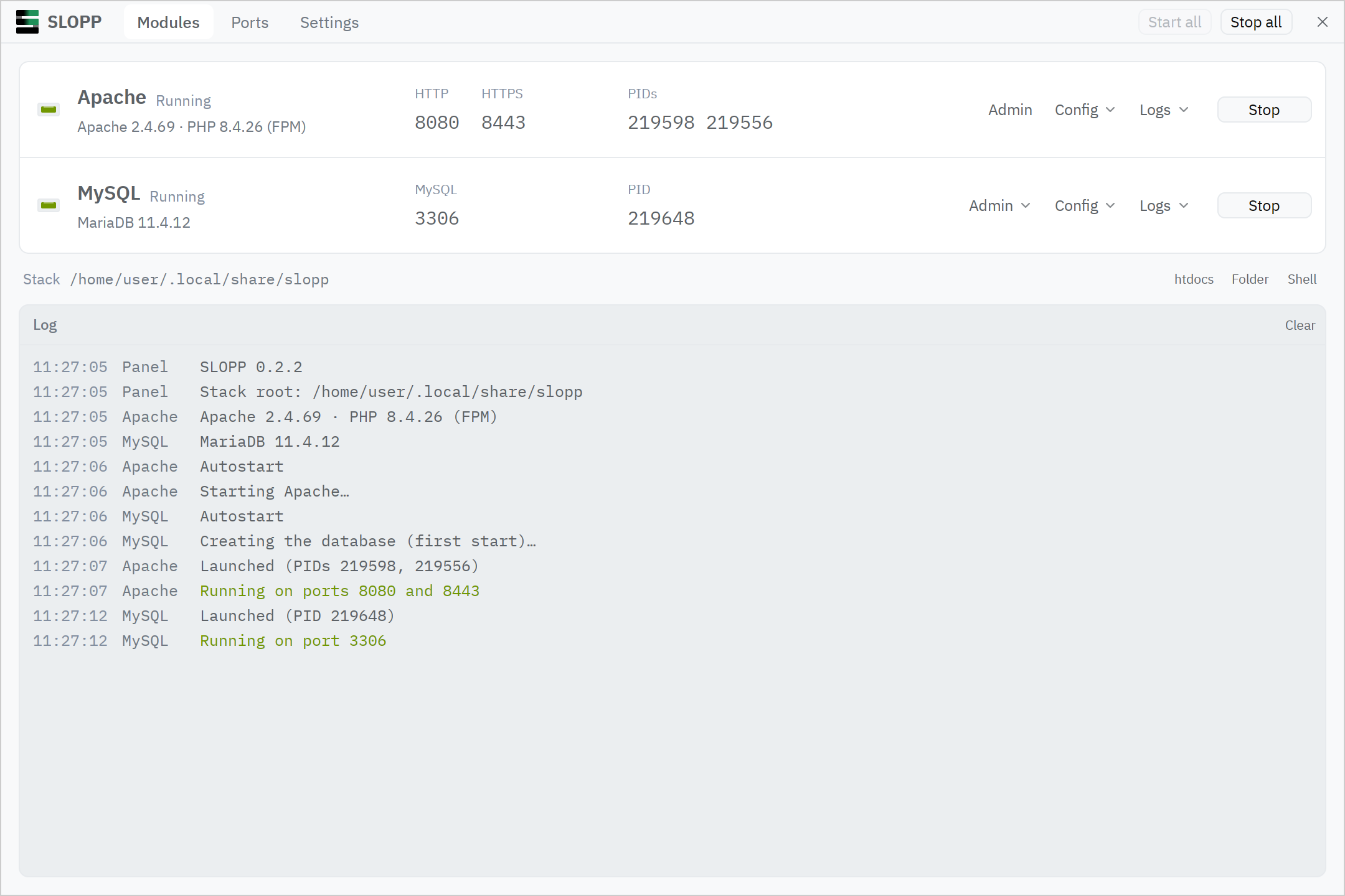 The SLOPP window in its light appearance: Apache running on ports 8080 and 8443 with PHP 8.4 through PHP-FPM, MySQL running MariaDB on port 3306, the stack folder, and a log of the start.